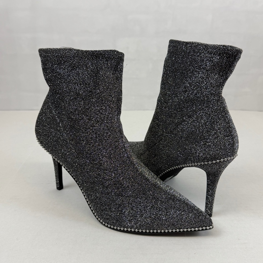 Coach Silver Gray Glitter Stretch Sock Booties Beaded Pointed Toe Heels Size 10